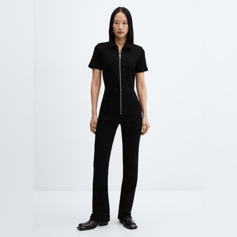 Mango Black Denim Zipper Jumpsuit Size L